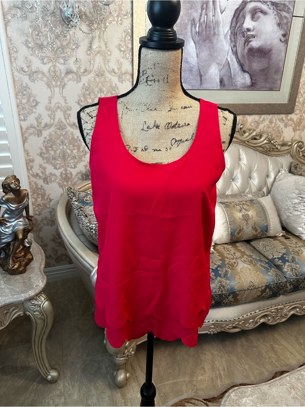 Maison Jules Bright Red Scallop-Hem Sleeveless Tank
